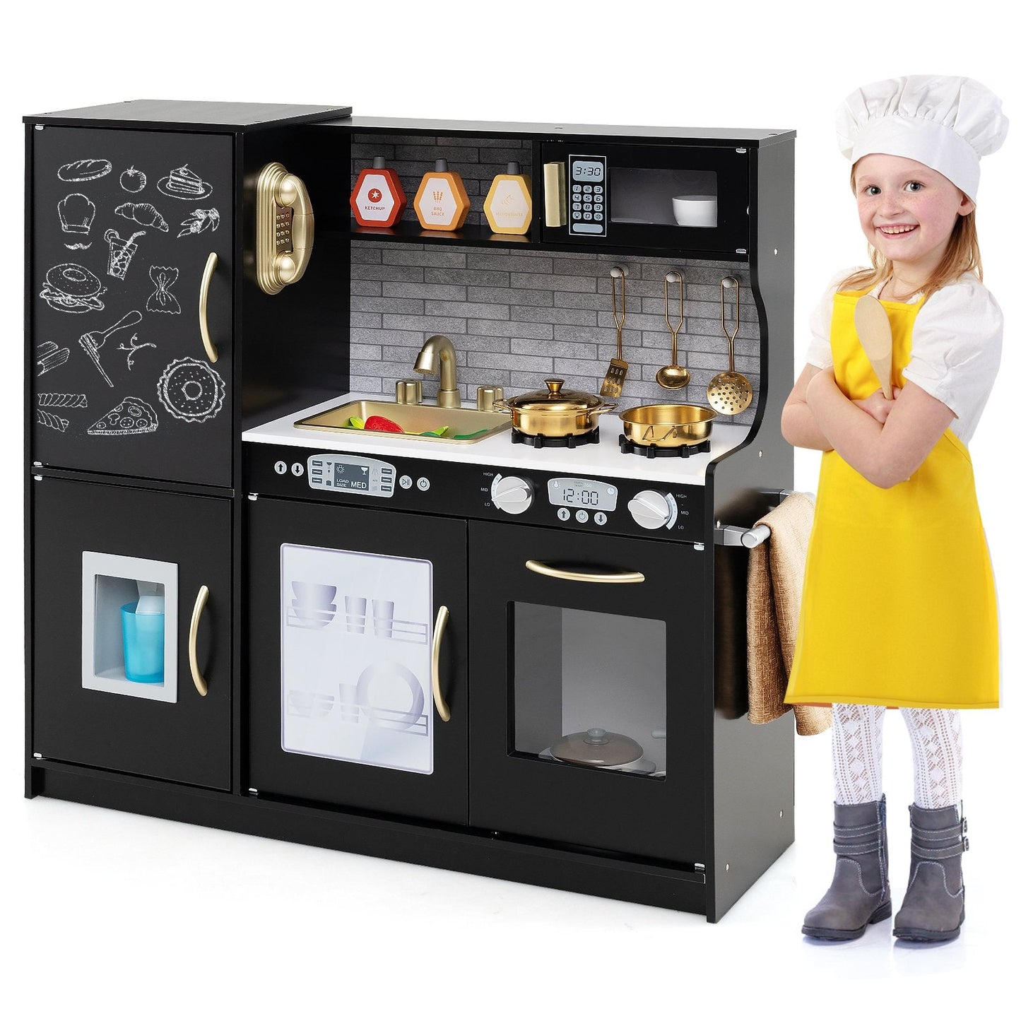 Toddler Pretend Kitchen Playset with Accessories and Simulated Sounds-Black