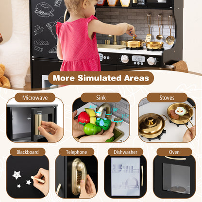 Toddler Pretend Kitchen Playset with Accessories and Simulated Sounds-Black