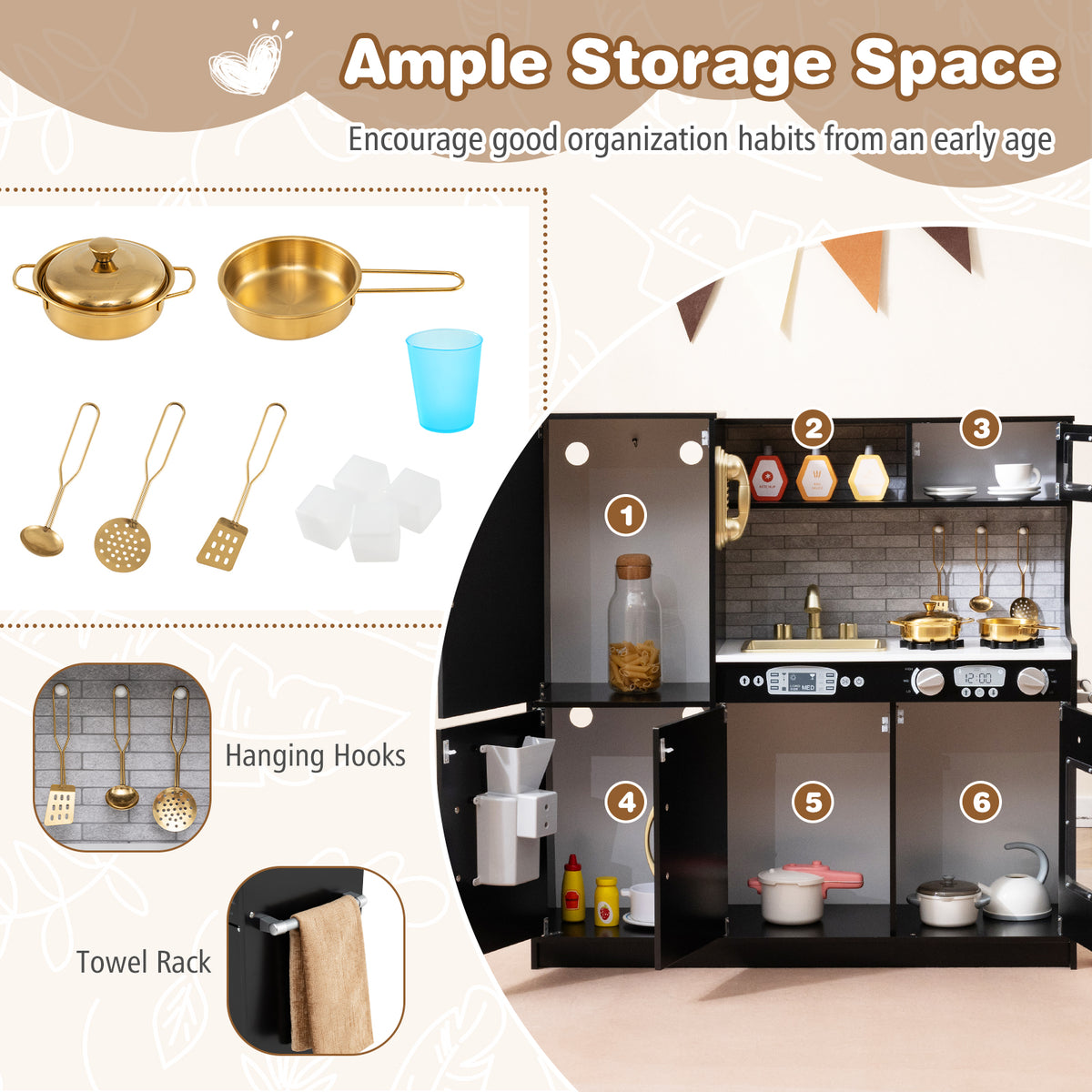 Toddler Pretend Kitchen Playset with Accessories and Simulated Sounds-Black