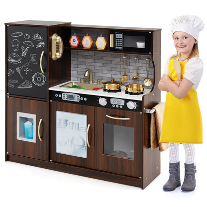 Toddler Pretend Kitchen Playset with Accessories and Simulated Sounds-Rustic Brown