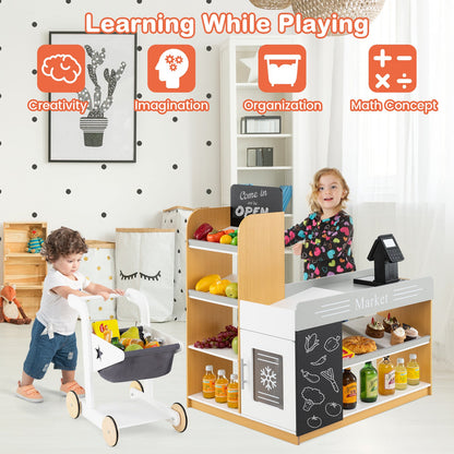 Pretend Play Grocery Store Set with Shopping Cart and 2 Chalkboards-White