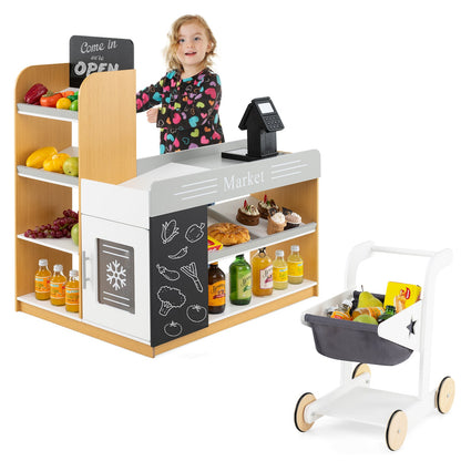 Pretend Play Grocery Store Set with Shopping Cart and 2 Chalkboards-White