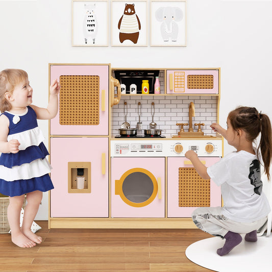 Wooden Kids Kitchen Playset with Real Sounds Lights Stove Water Dispenser-Pink