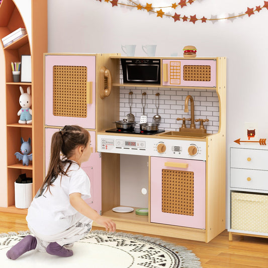 Wooden Kids Kitchen Playset with Real Sounds Lights Stove Water Dispenser-Pink