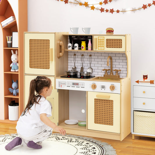 Wooden Kids Kitchen Playset with Real Sounds Lights Stove Water Dispenser-Yellow