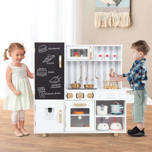 Pretend Play Kitchen Wooden Toy Set for Kids with Utensils-White