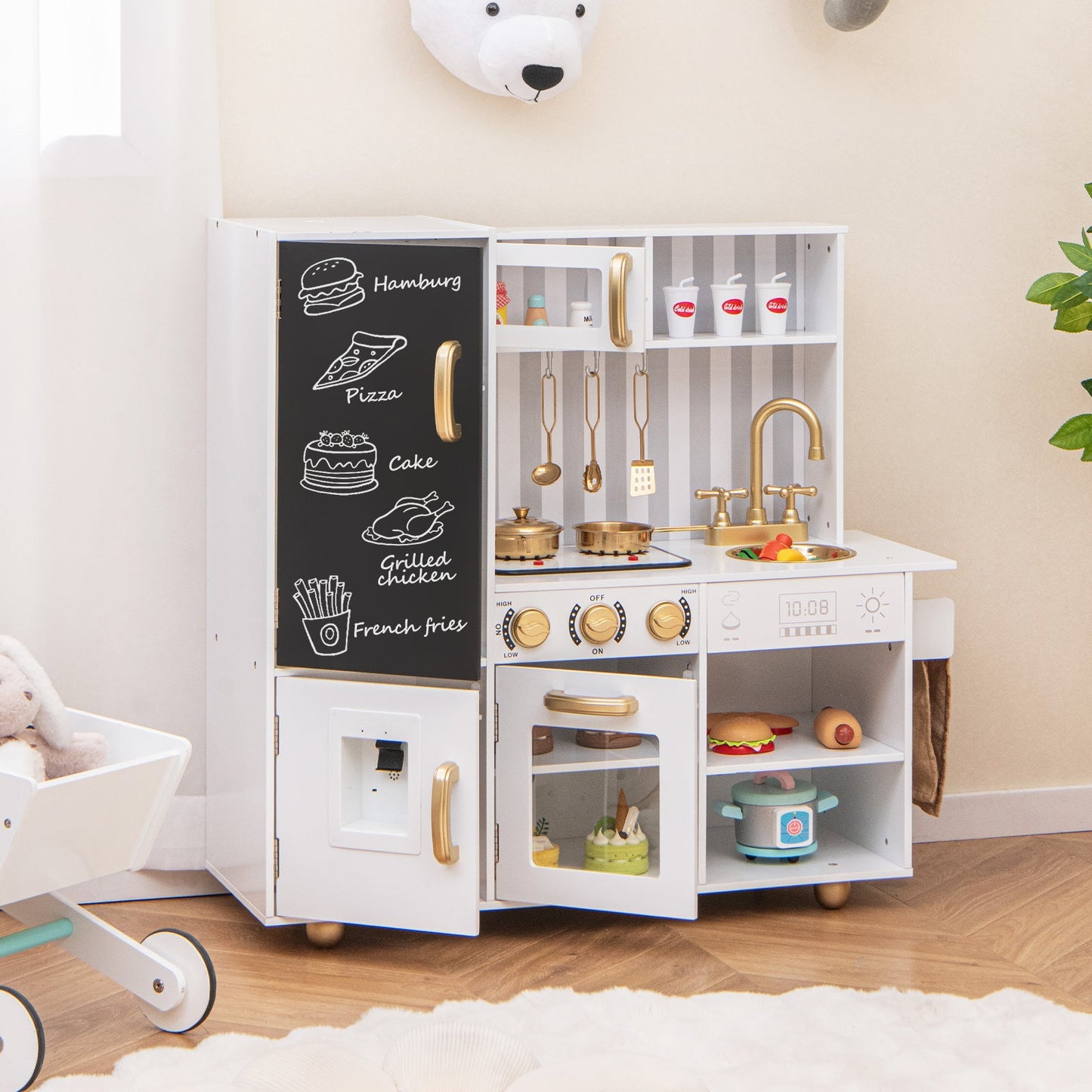 Pretend Play Kitchen Wooden Toy Set for Kids with Utensils-White