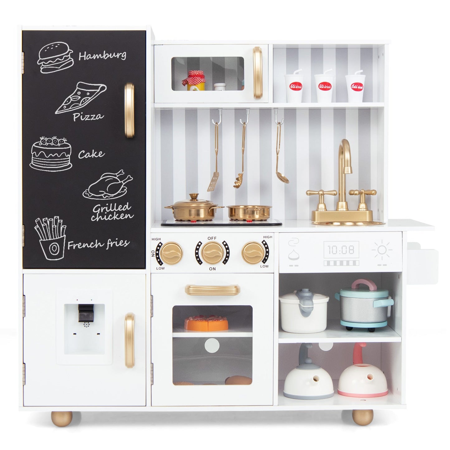 Pretend Play Kitchen Wooden Toy Set for Kids with Utensils-White