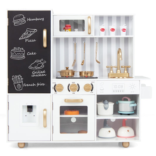 Pretend Play Kitchen Wooden Toy Set for Kids with Utensils-White