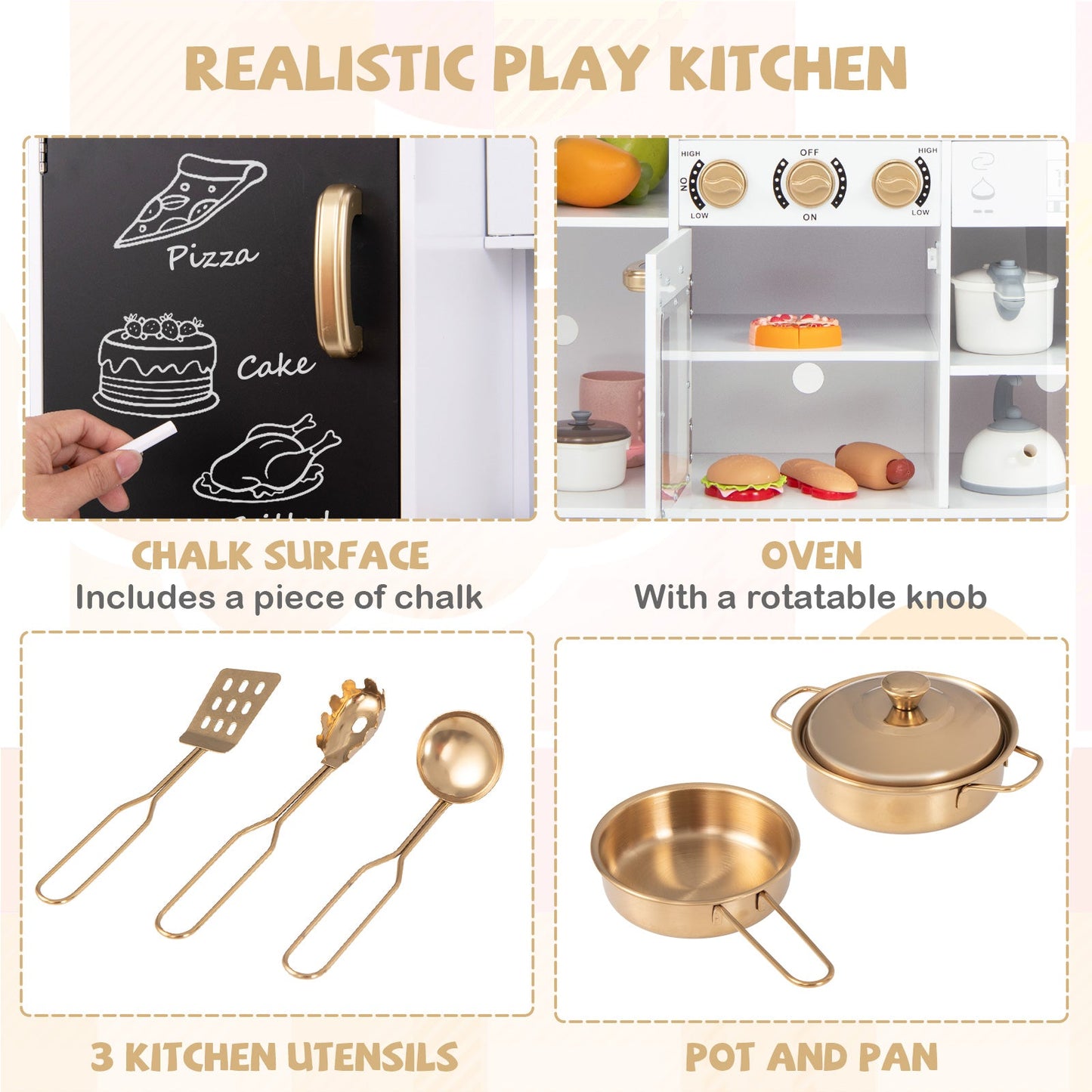 Pretend Play Kitchen Wooden Toy Set for Kids with Utensils-White