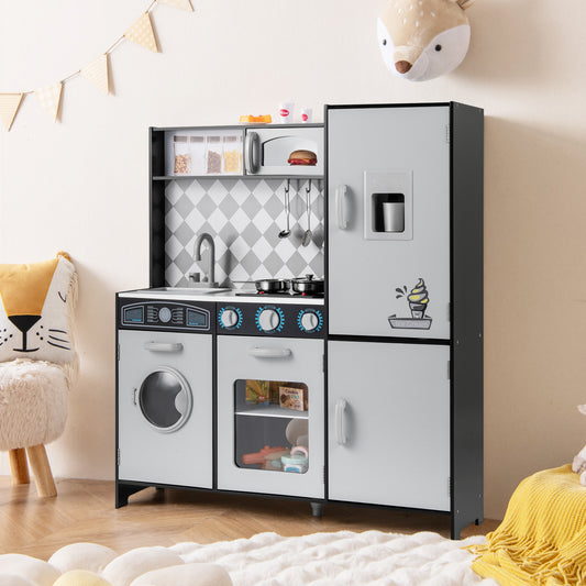 Pretend Play Kitchen with Ice Maker and Cooking Stove for Kids-Grey