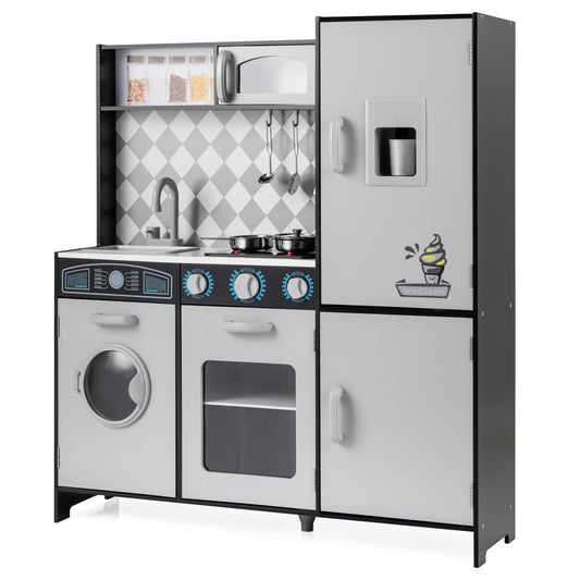 Pretend Play Kitchen with Ice Maker and Cooking Stove for Kids-Grey