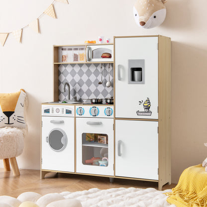 Pretend Play Kitchen with Ice Maker and Cooking Stove for Kids-Natural