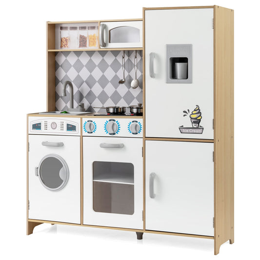 Pretend Play Kitchen with Ice Maker and Cooking Stove for Kids-Natural