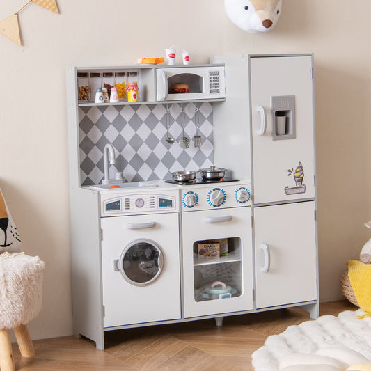 Pretend Play Kitchen with Ice Maker and Cooking Stove for Kids-White