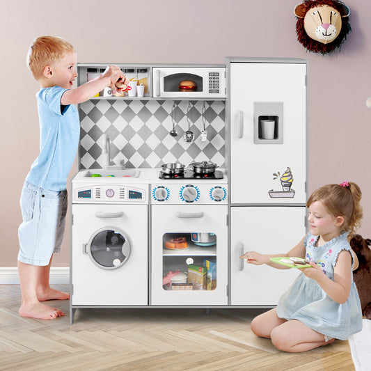 Pretend Play Kitchen with Ice Maker and Cooking Stove for Kids-White
