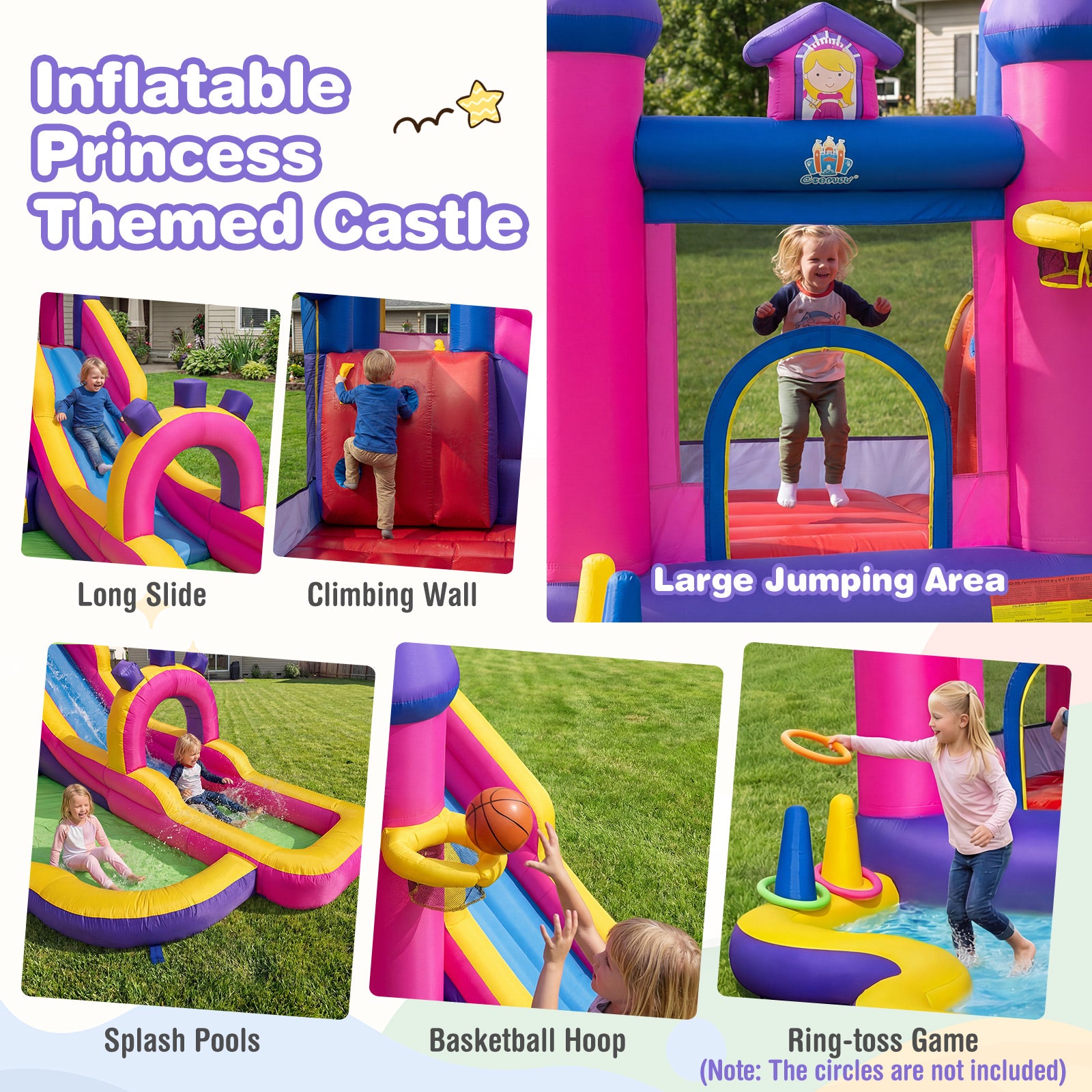 Princess Inflatable Water Slide with Long Slide and Splash Pool without Blower