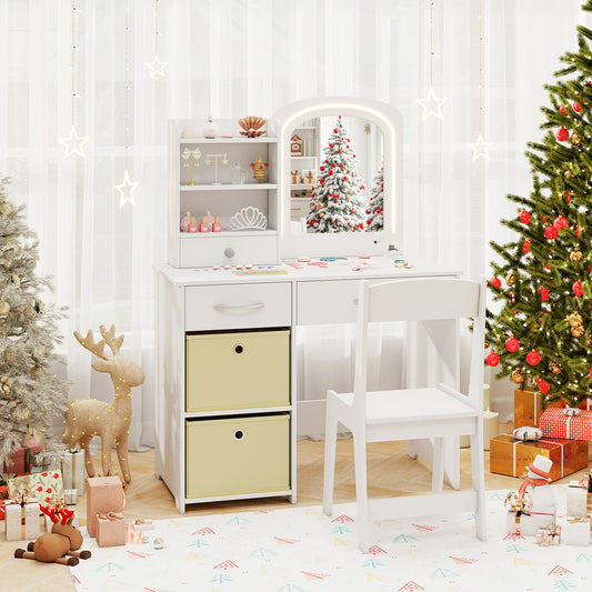 Kids Vanity Set with Lighted Mirror and Storage Drawers-White