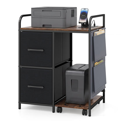Printer Stand with Rolling Shredder Stand & Charging Station with Wheels-Rustic Brown