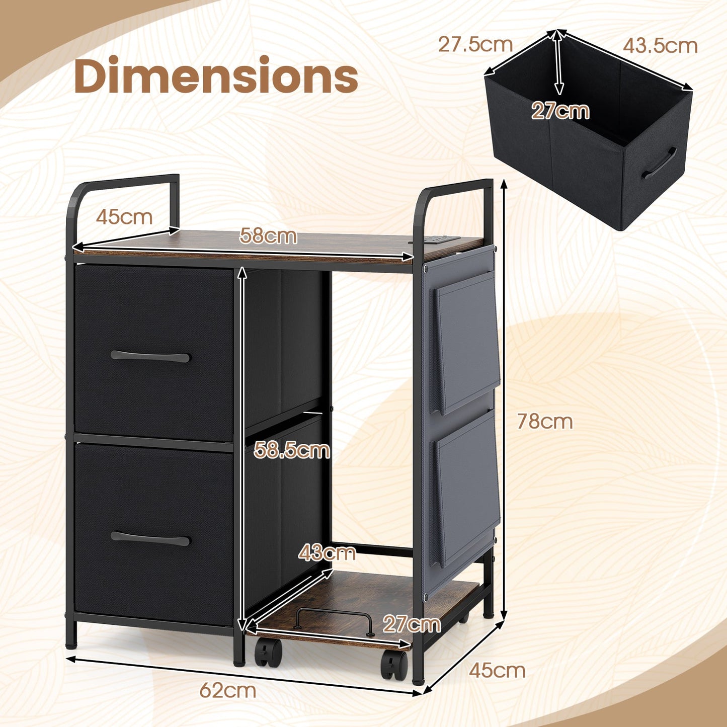 Printer Stand with Rolling Shredder Stand & Charging Station with Wheels-Rustic Brown