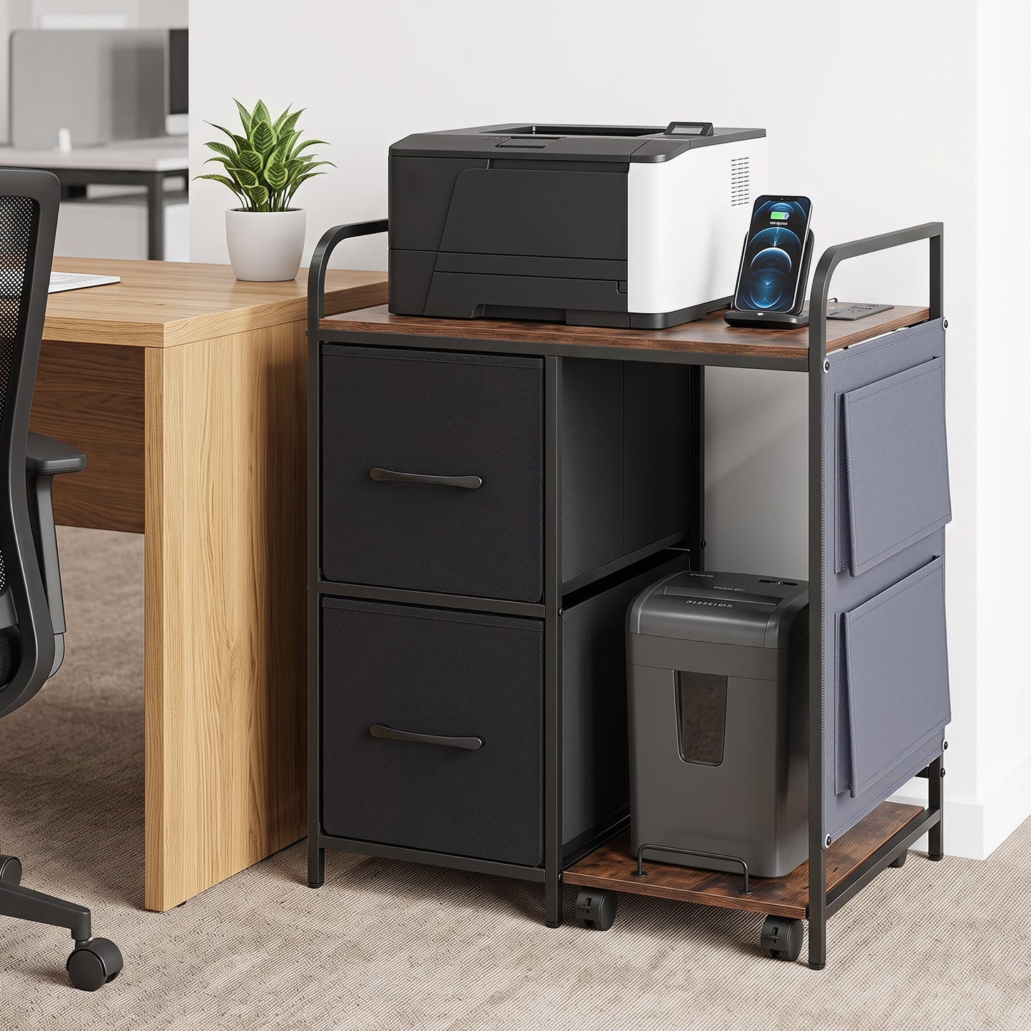 Printer Stand with Rolling Shredder Stand & Charging Station with Wheels-Rustic Brown