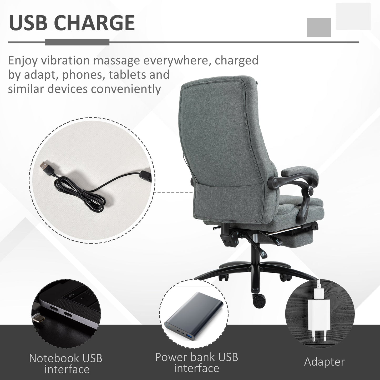 Vinsetto Office Chair, Fabric Desk Chair with Adjustable Massage Pillow, USB Power and Retractable Footrest, High Back, 360¡ Swivel, for Home, Grey