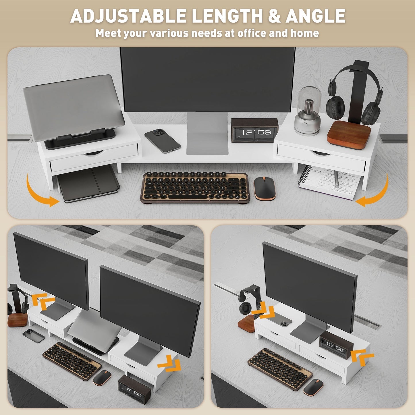 HOMCOM Dual Monitor Stand Riser with 2 Drawers, Adjustable Length and Angle, 116cm Monitor Riser for Laptop, Computer, PC, Small Printer, White