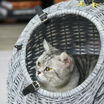 سلة حمل الحيوانات الأليفة من PawHut Wicker Pet Carrier Basket Cat Kitten Bed قفص سفر محمول مع مقبض مبطن ناعم، رمادي 50 × 40 × 40 سم