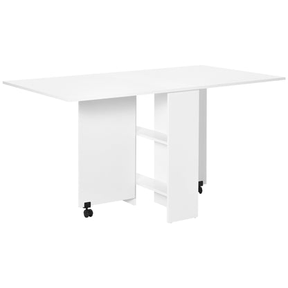HOMCOM Folding Dining Table, Drop Leaf Table with 2-Tier Shelves, Rolling Casters, for Small Spaces, Kitchen, White