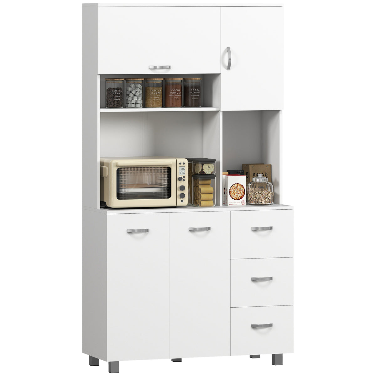 HOMCOM Kitchen Cupboard, 183cm Tall Storage Cabinet with Countertop, Sideboard with 3 Small Drawers, Flip Up Top Door, 3 Cabinet Doors and Open Shelves, 100W x 39.5D x 183.5H cm, White