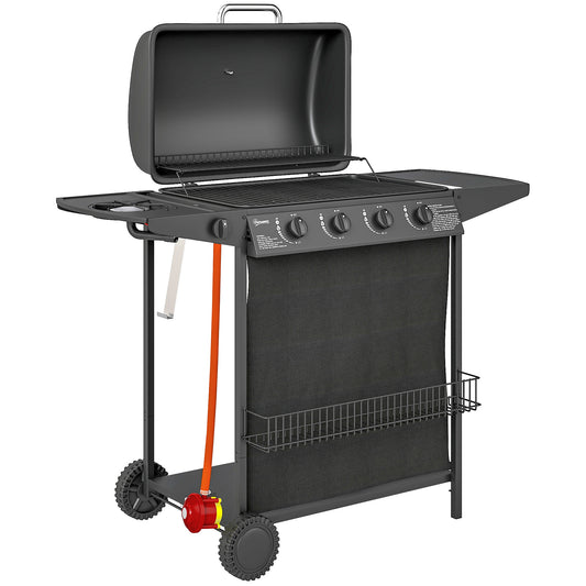 Outsunny 4+1 palnikowy grill gazowy, przenośny grill gazowy z wbudowanym termometrem, pokrywką, stolikiem bocznym, półką, stojakiem na przyprawy, kółkami, pojemnikiem na tłuszcz do gotowania na świeżym powietrzu na przyjęciu ogrodowym, czarny