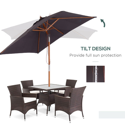 Outsunny 2m x 1.5m Garden Parasol Umbrella with Tilting Sunshade Canopy, Outdoor Market Table Umbrella with Wood and Bamboo Frame, Grey