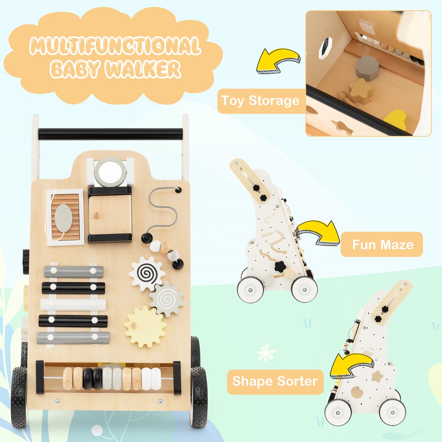 Push and Pull Wooden Baby Walker with Double Handles