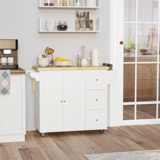 HOMCOM Drop-Leaf Kitchen Island on Wheels Utility Storage Cart with Drawers & Cabinet for Kitchen, Dining & Living Room
