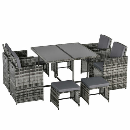 Outsunny 9 Piece Rattan Garden Furniture Outdoor Patio Dining Table Set Weave Wicker 8 Seater Stool Mixed Grey