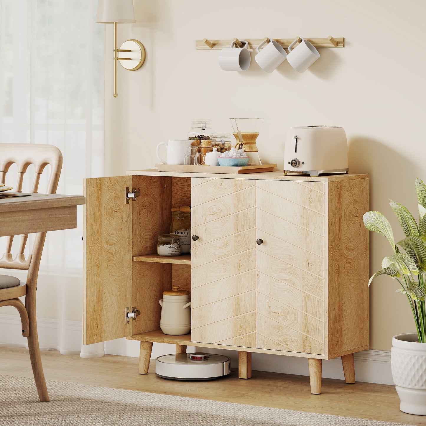 HOMCOM Vintage Sideboard with Chevron Doors and Pine Wood Legs for Living Room, Kitchen