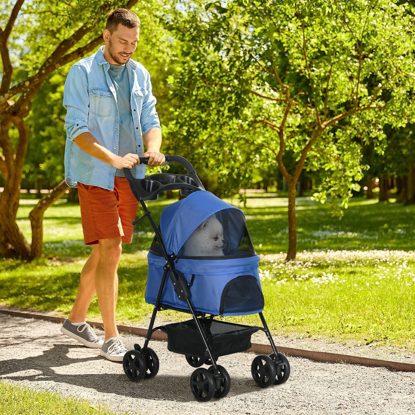 PawHut Pet Stroller Dog Cat Travel Pram Pushchair One-Click Fold Trolley Jogger with EVA Wheels Brake Basket Adjustable Canopy Safety Leash Blue