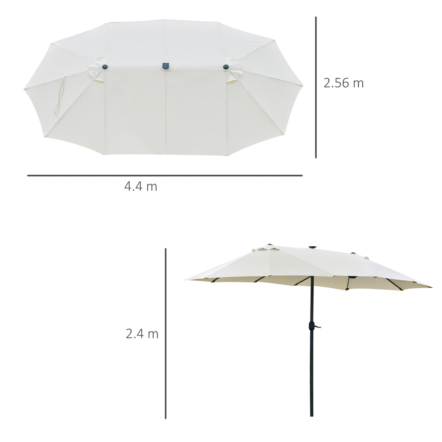 مظلة شمسية من Outsunny بطول 4.4 متر مزدوجة الجوانب للحديقة ومظلة للشمس في الهواء الطلق مع ضوء LED شمسي كريمي أبيض