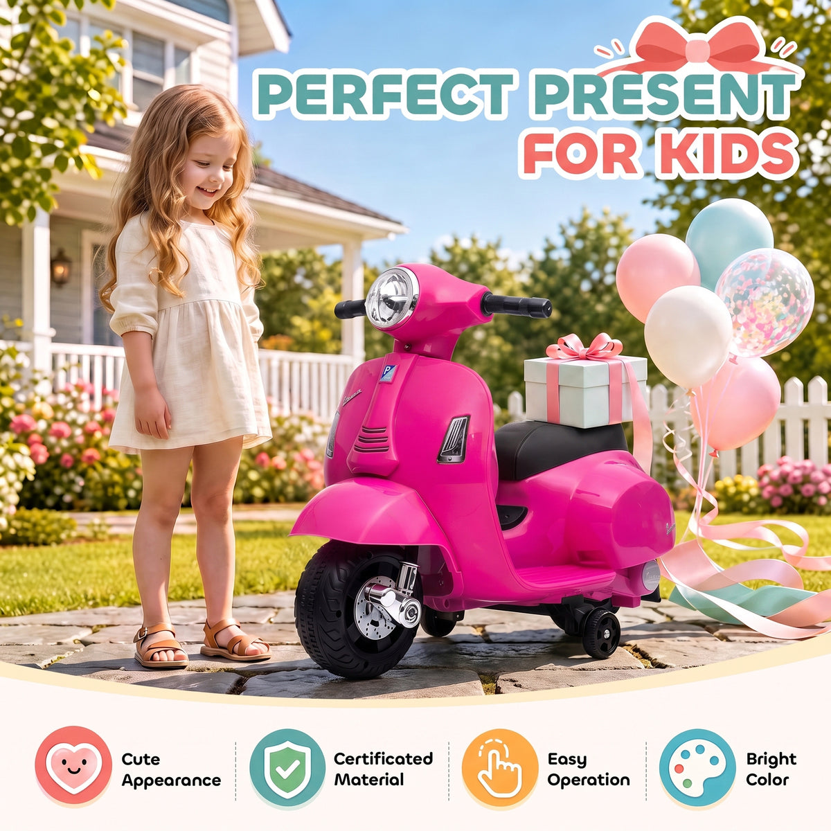 HOMCOM Vespa Licensed 6V Kids Electric Motorbike Ride On Motorcycle Battery Powered for 18-36 Months with Horn, Pink