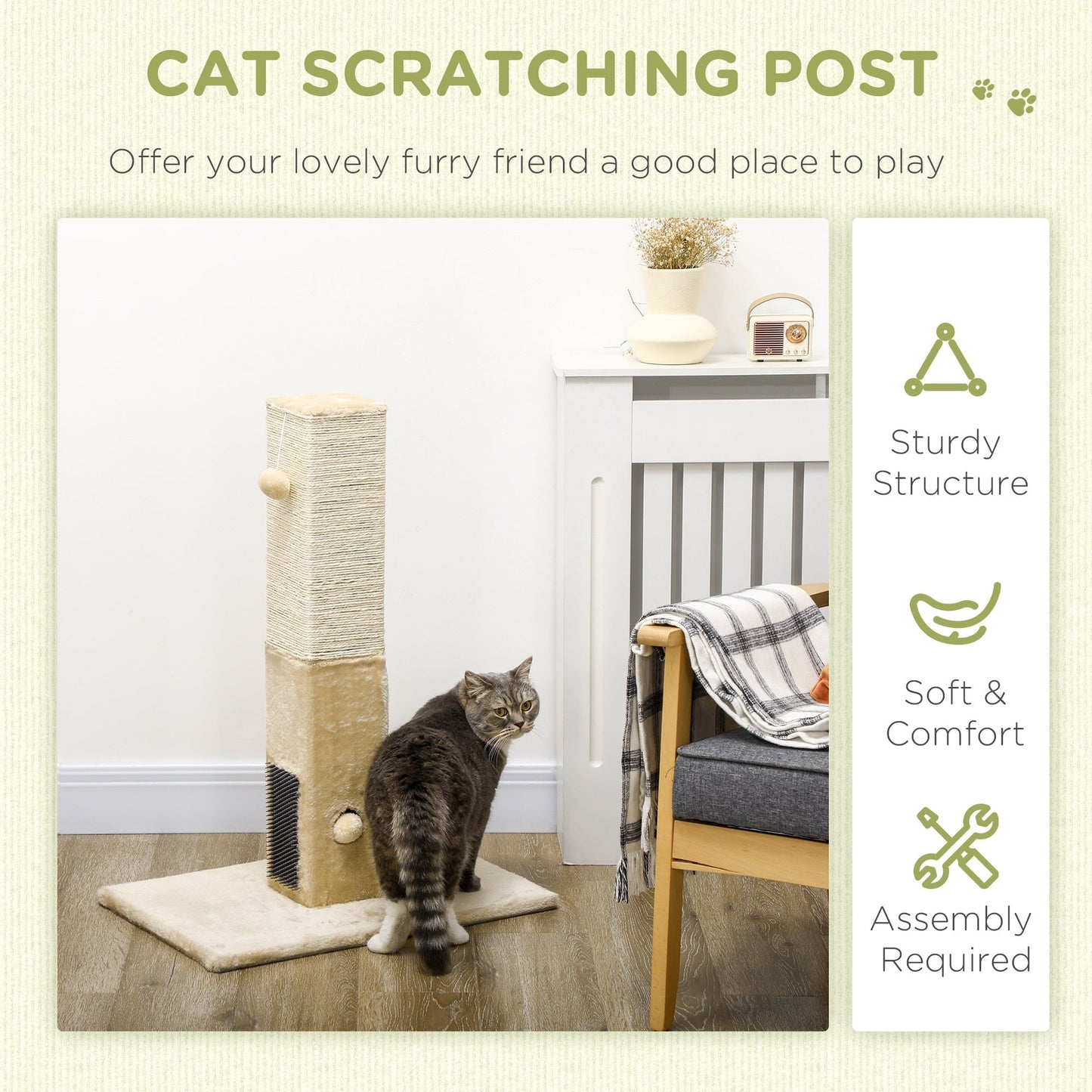 PawHut Jute Cat Scratching Post w/ Carpet Base Hanging Toy - Beige