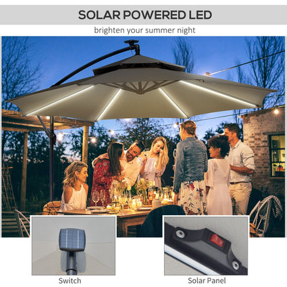 3(m) Cantilever Banana Parasol Hanging Umbrella W/ Double Roof, LED Solar lights, Crank, 8 Sturdy Ribs and Cross Base For Garden, Patio, Light Grey