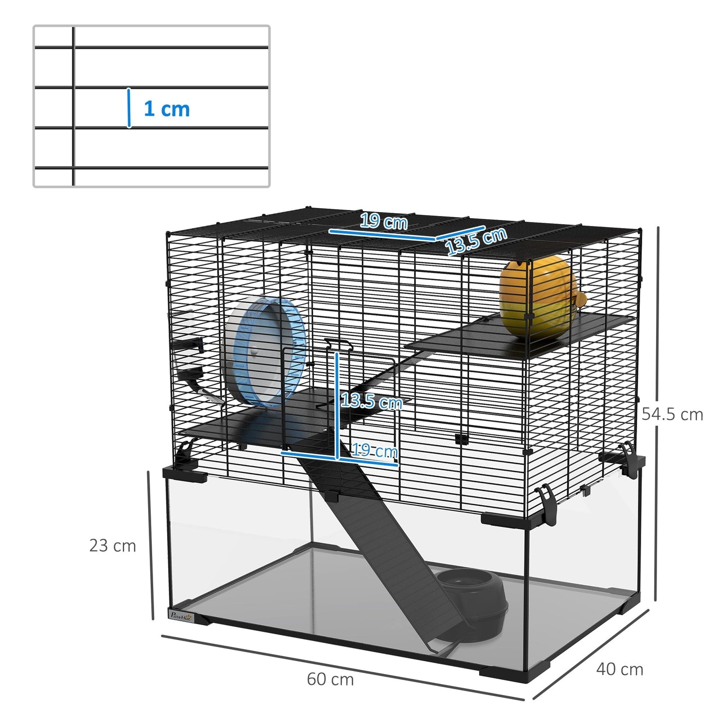 PawHut 3 Tiers Hamster Cage, Gerbil Cage with Deep Glass Bottom, Non-Slip Ramps, Platforms, Hut, Exercise Wheels, Water Bottle, Dish, for Syrian Hamster, Dwarf Hamster, 60 x 40 x 54.5cm