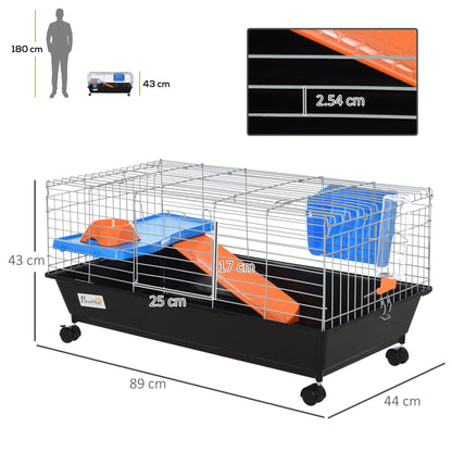 PawHut Small Animal Cage Rabbit Guinea Pigs Chinchillas Cage w/ Wheels Water Bottle Food Dish Platform Ramp 89 x 44 x 43 cm Black