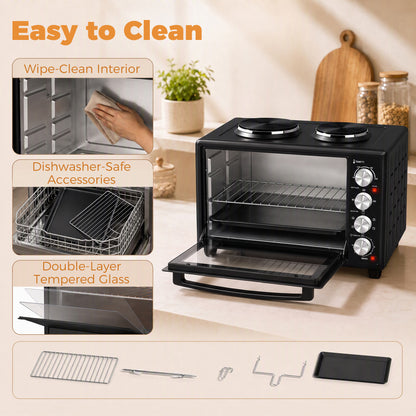 HOMCOM 36L Mini Oven with Dual Hot Plates, Electric Countertop Cooker with Convection, 90-230°C Adjustable Temperature