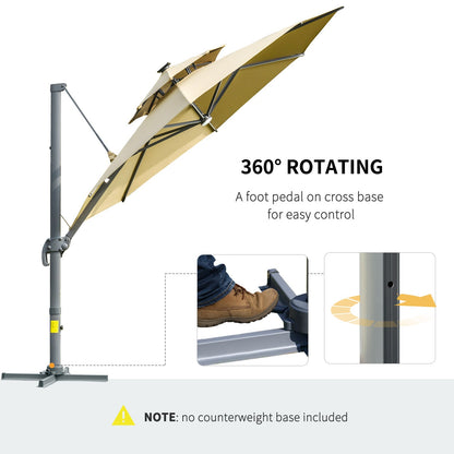 Outsunny 3m Cantilever Parasol w/ Solar Lights Power Bank Cross Base مظلة قابلة للتعديل 360 درجة تدور في الهواء الطلق مظلة حديقة 2-Tier Roof Sun Shade كاكي