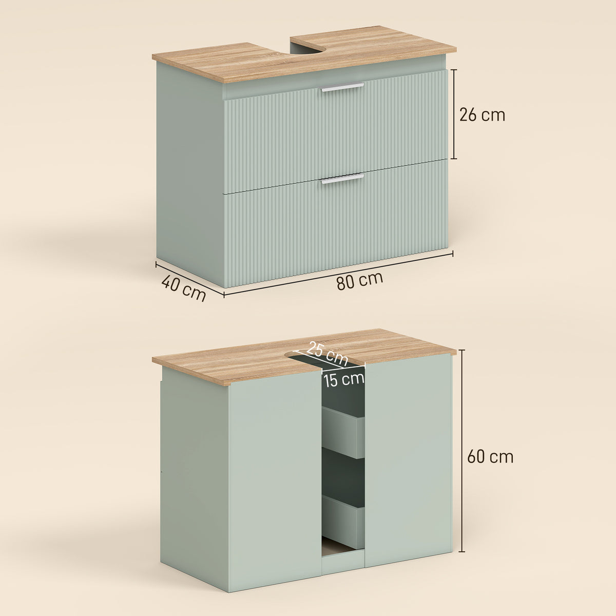 HOMCOM Under Sink Cabinet with 2 Drawers, Under Sink Bathroom Cabinet for Sink with or without Pedestal, Green and Natural Wood