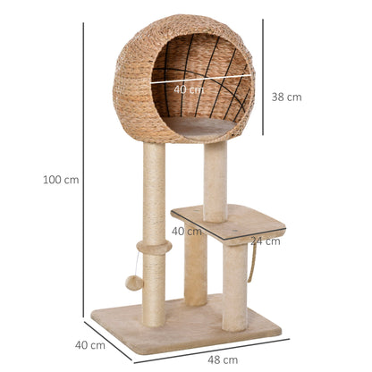 PawHut Cat tree Cat Tower 100cm Climbing Activity Center with Sisal Scratching Post Condo Perch Hanging Balls Teasing Rope Toy Cushion