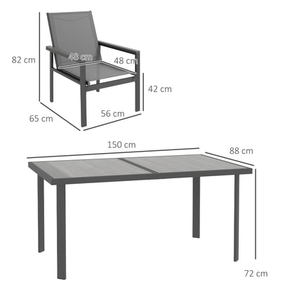 7 Piece Garden Dining Set With Glass Top Table For Outdoor, 6 Breathable Armchairs Mesh Fabric Seats Wood-plastic Composite Armrests Top, Grey