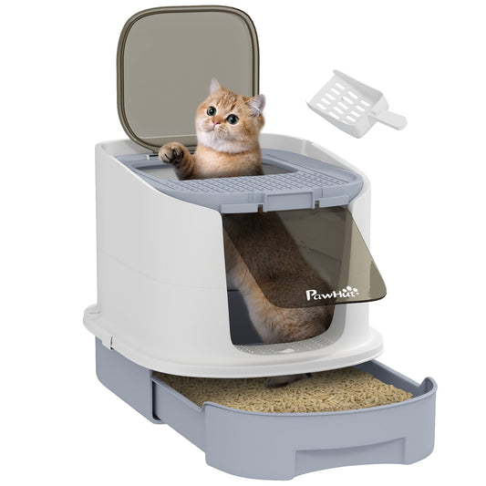 PawHut Cat Litter Box with Lid, Scoop, Deodorisation Bags, Top Entry