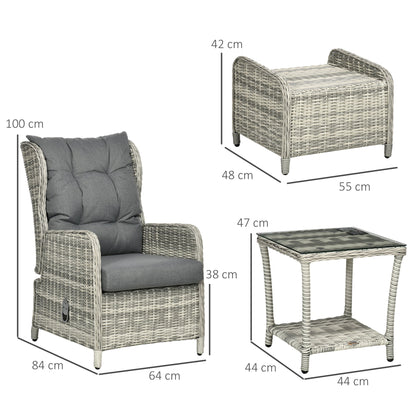 Outsunny 5 Pieces PE Rattan Garden Furniture, Outdoor Half-round Wicker Recliner Sofa Bed with Glass Top Two-tier Table and Footstools, Ready to Use, Mixed Grey